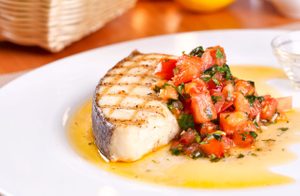 Grilled Halibut Steaks with Tomato and Red Pepper Salsa