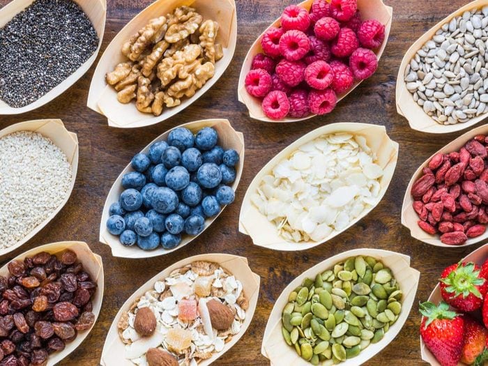 Top superfoods on wooden table