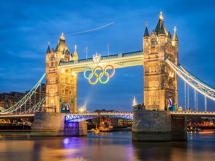 Most famous Olympic games - Tower Bridge with Olympic rings during London 2012 Olympic Games in London on August 6, 2012. Tower Bridge, One of the most famous bridges in the world.