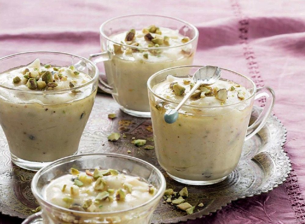 Saffron and Pistachio Puddings with Cardamom and Honey Syrup