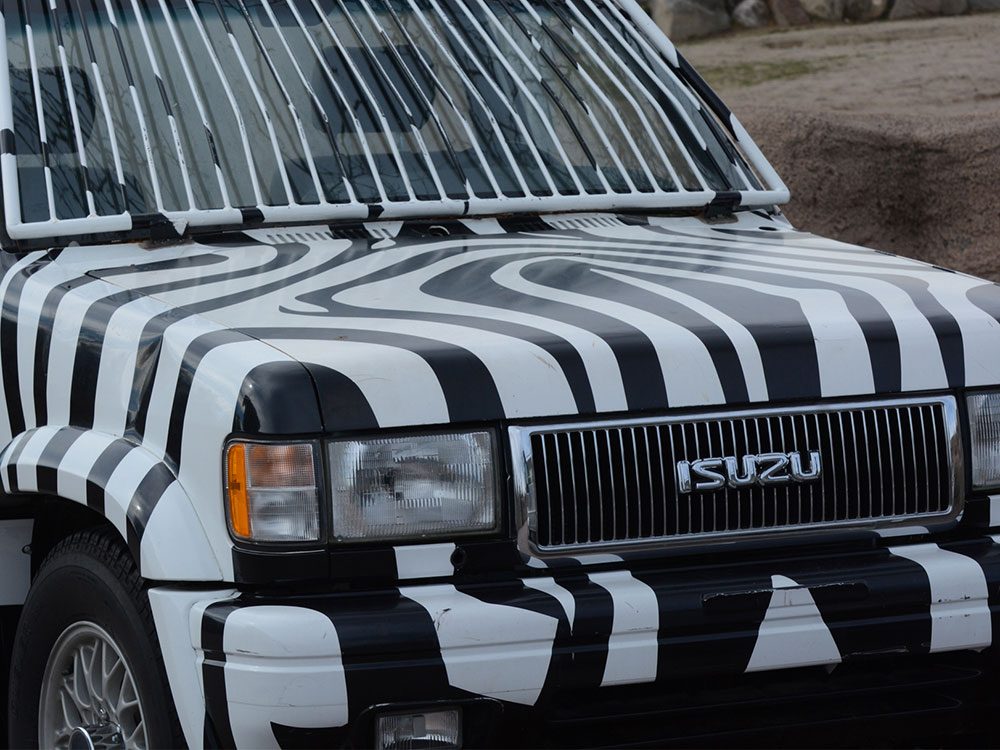 Jeep with black and white stripes