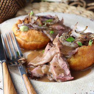 Roast Beef with Peppercorn Wine Sauce and Yorkshire Pudding
