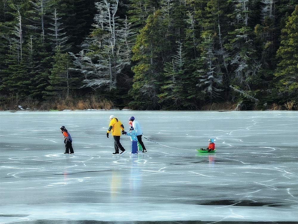 Family skating on frozen pond