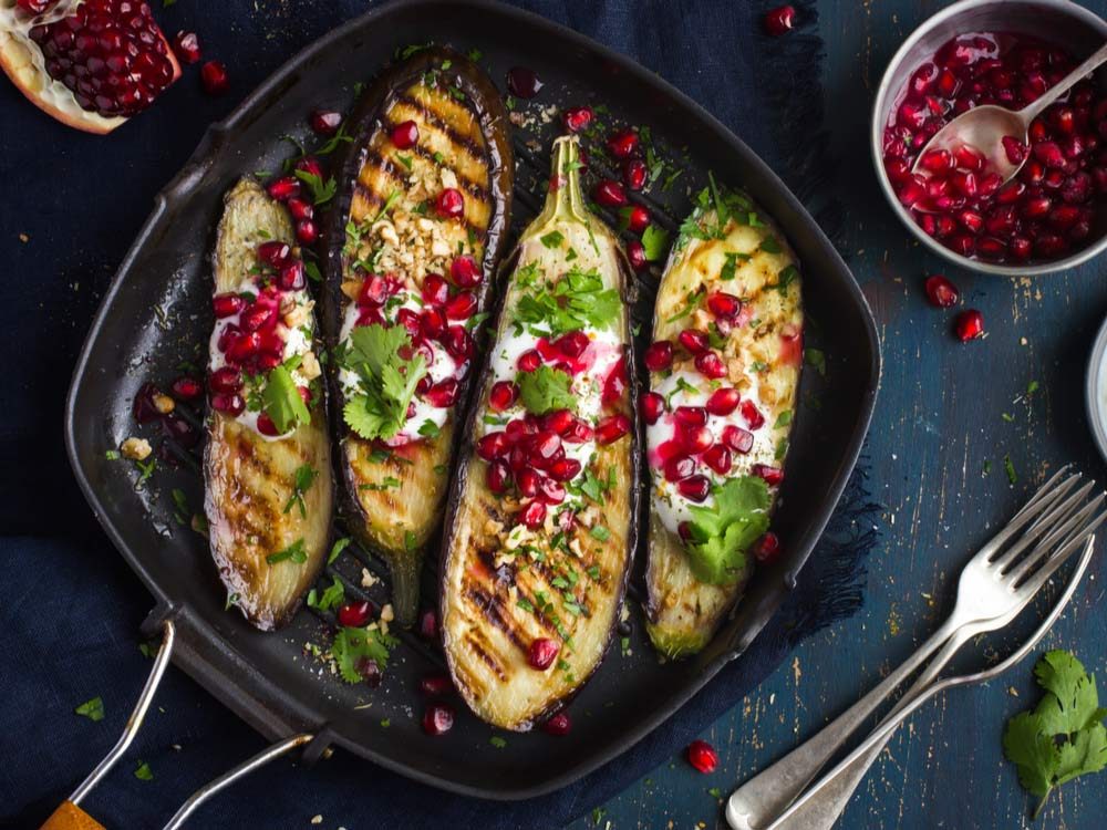 Grilled eggplant with pomegranate seeds