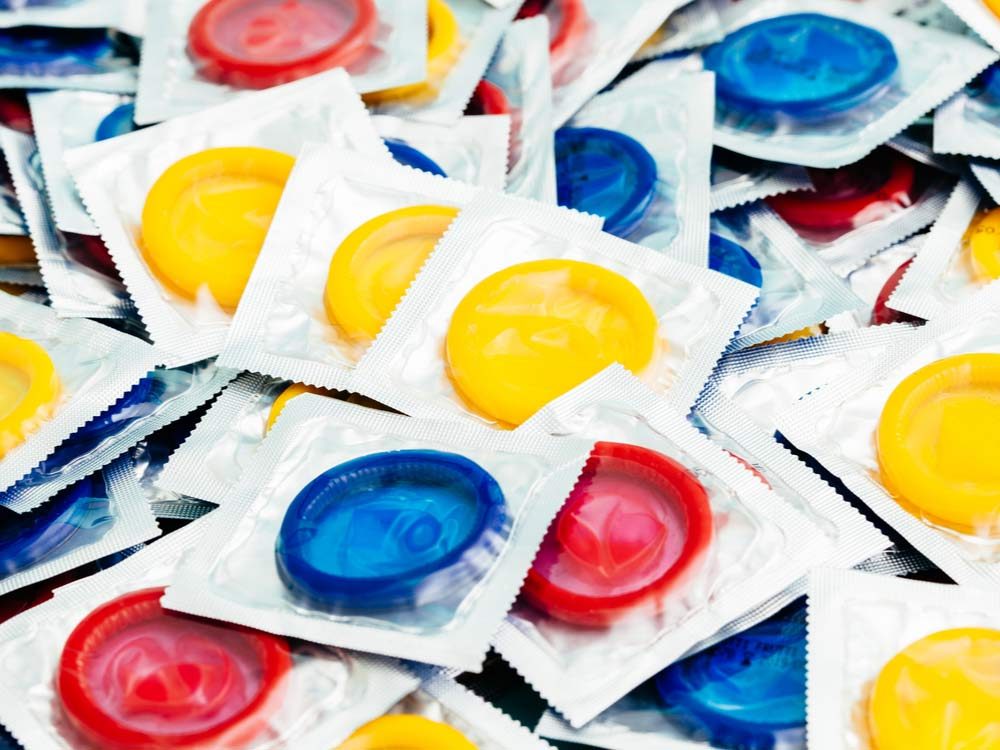Red, blue and yellow condoms