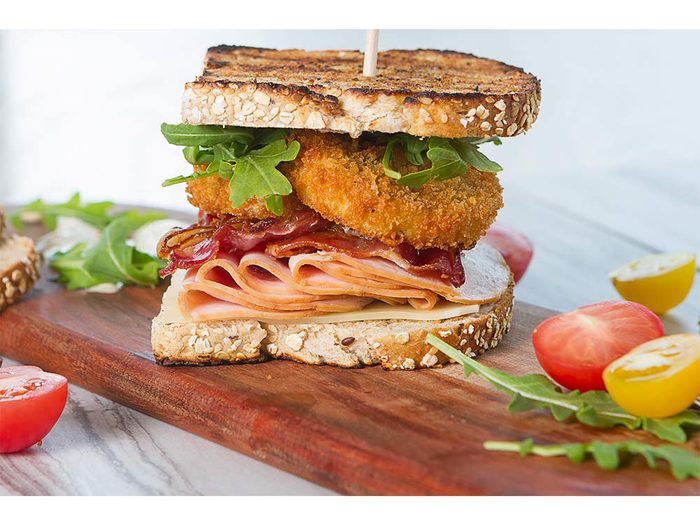 Bacon, Turkey and Fried Green Tomato Club Sandwich