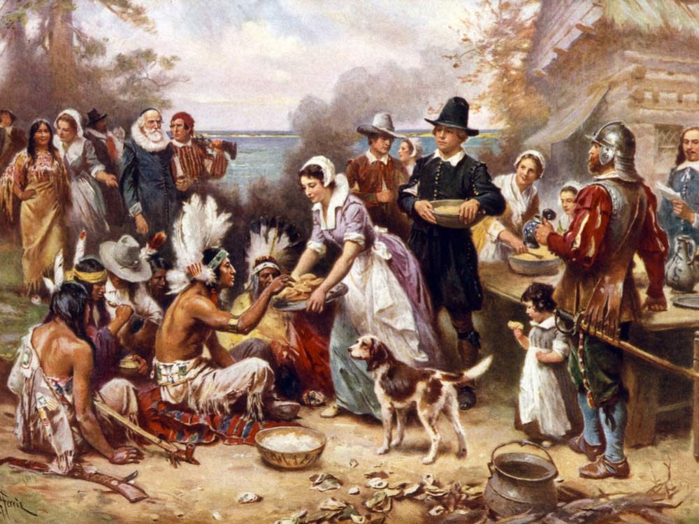 Painting of pilgrims and Indians
