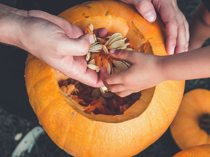 Scooping pumpkin seeds from a jack-o'-lantern