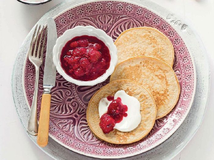 Quinoa pancakes with raspberry compote