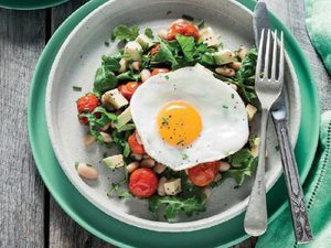Roasted Tomato, Cannellini Bean and Avocado Salad with Pan-Fried Eggs