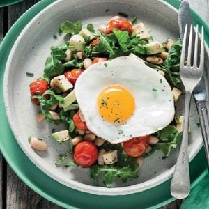Roasted Tomato, Cannellini Bean and Avocado Salad with Pan-Fried Eggs