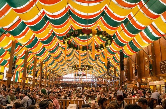 Munich, Germany- October 2, 2014: People drinking in the Hippodrom Beer Tent on the Theresienwiese Oktoberfest fair grounds