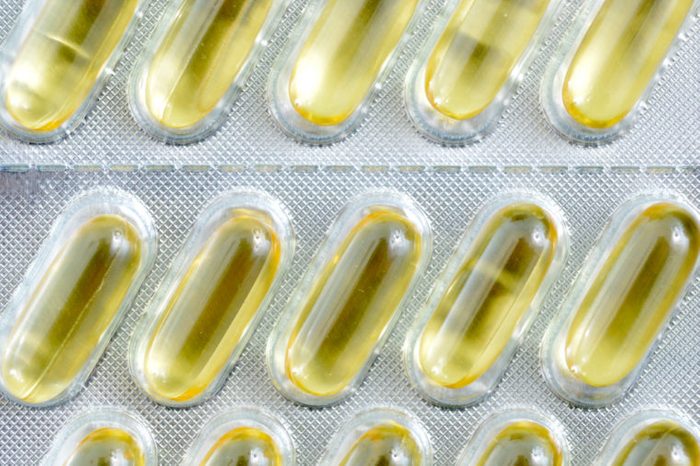 Cod liver oil omega 3 gel capsules in a blister packaging,image of a