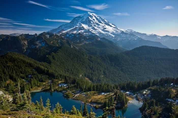 View of Mount Rainier with a lake in the foreground