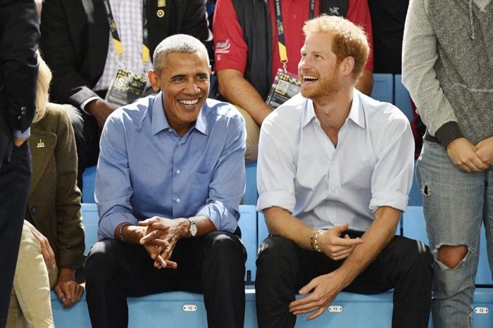 Prince Harry and former President Barack Obama watch wheelchair basketball at the Invictus Games at the Pan Am sports centre in Toronto, Canada on September 29, 2017.