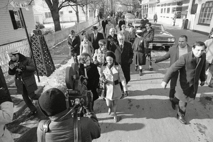 Five girls who are testifying at inquest into the death of Mary Jo Kopechne at Dukes County court house in Edgartown, walk down street for lunch during recess. Miss Kopechne died in car driven by Sen. Edward M. Kennedy when it went off bridge on Chappaquiddick Island and into a pond last July 18. The girls are (foreground l. to r.) Esther Newberg, 27, of Arlington, Va., Susan Tannenbaum, 24, of Washington, Marry Ellen Lyons, 23, center, of Milton, Mass., Rosemary Keough, 24, left rear, of Washington, and Nancy Lyons, 25, of Washington