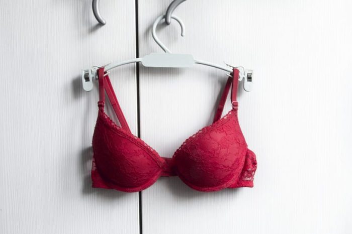 Sexy red bra on hanger, white background