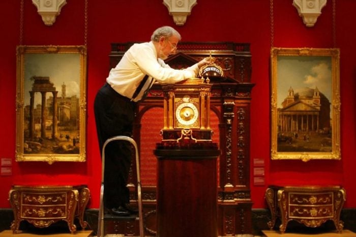 The first exhibition about King George III and Queen Charlotte opens at The Queens Gallery, Buckingham Palace. Robert Ball, the Queens Clockmaker checks the mechanism of the Astronomical clock by Christopher Pinchbeck, the Kings clockmaker, and Sir William Chambers, his architect. One of the most complex clocks in the world it records the time at locations around the world relative to mean time, and high and low water at seaports. The calender dial incorporates a planisphere and the orrery dial includes