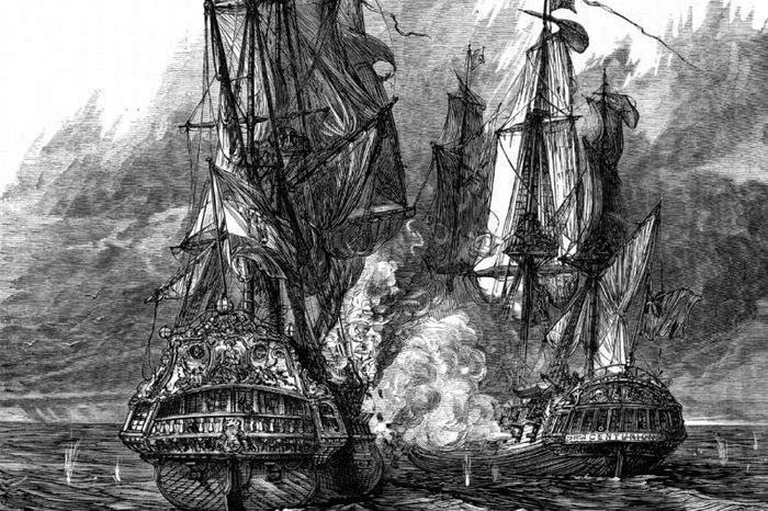 George Anson, Baron Anson (1697-1762) English naval commander, in the 'Centurion' (right) taking the Spanish galleon 'Nostra Signora de Cabadonga' off the Philippines. War of Jenkins' Ear 1739-48. Woodcut c.1895