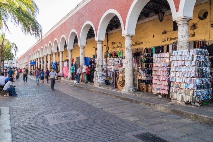 MERIDA, MEXICO - FEB 27, 2016: Shops under a archway in Merida, Mexico
