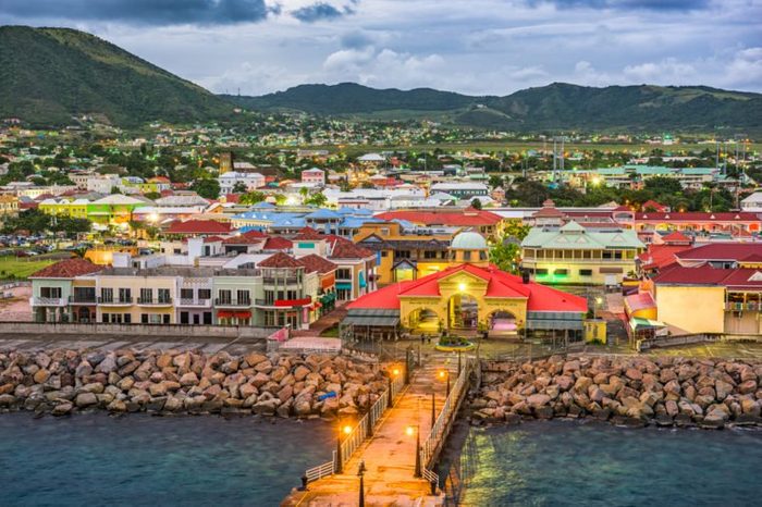 Basseterre, St. Kitts and Nevis town skyline at the port.