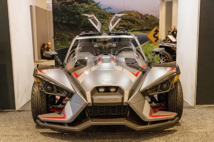 New York, NY - March 28, 2018: Slingshot Grand Touring LE by Polaris on display at 2018 New York International Auto Show at Jacob Javits Center