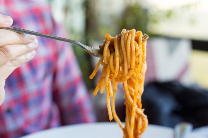 Spaghetti on a fork.