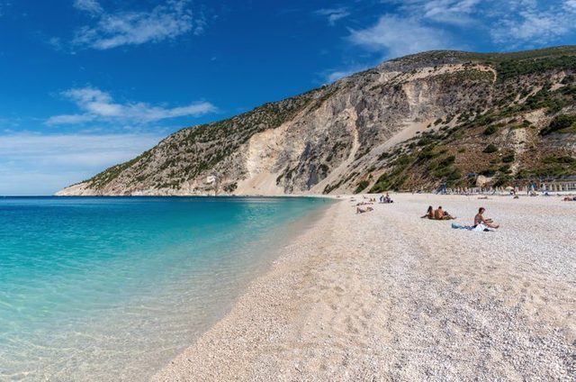 KEFALONIA, GREECE - September 30, 2017: Panoramic view of beautiful beach at Myrtos Bay on the Ionian island of Kefalonia. Greece