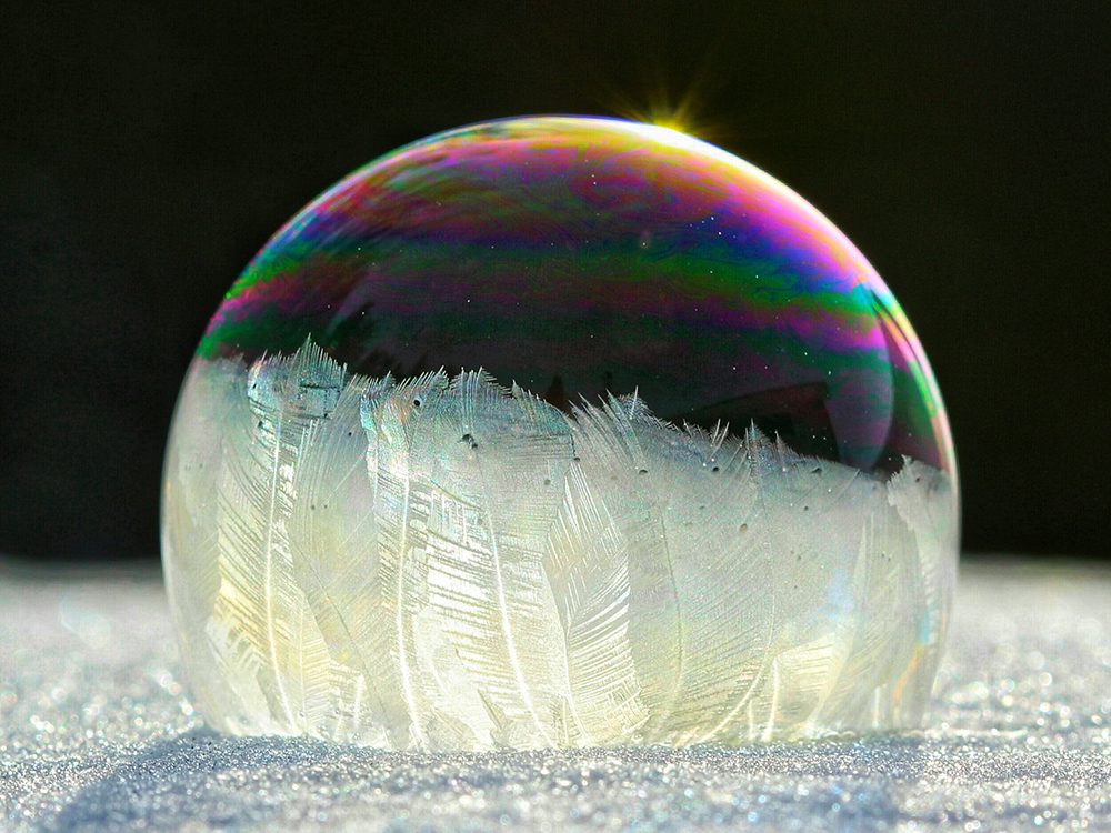 Frozen bubble sitting in snowbank