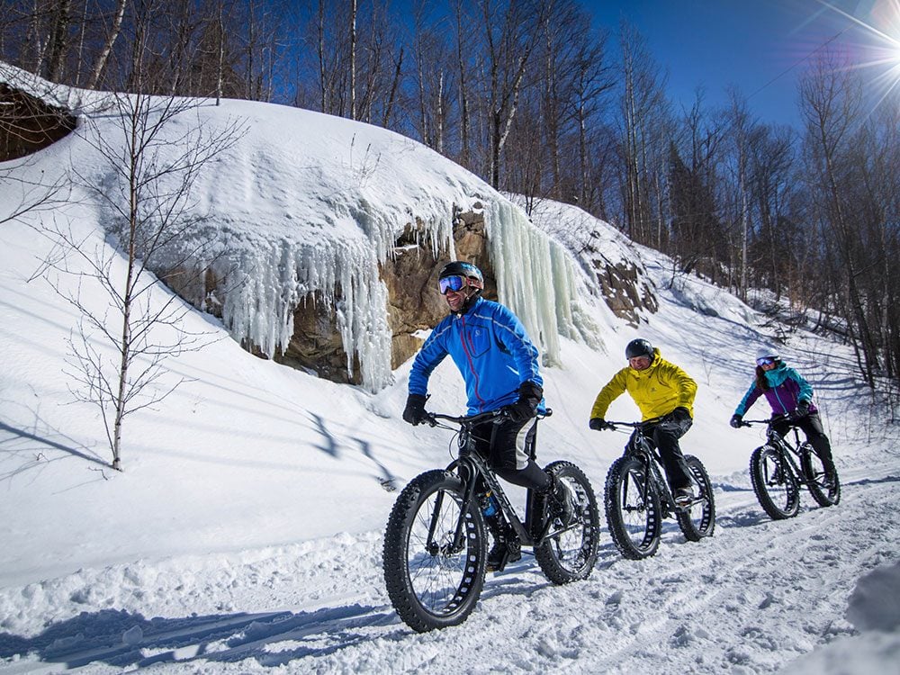 Mountain biking in the snow in Mont Tremblant, Quebec