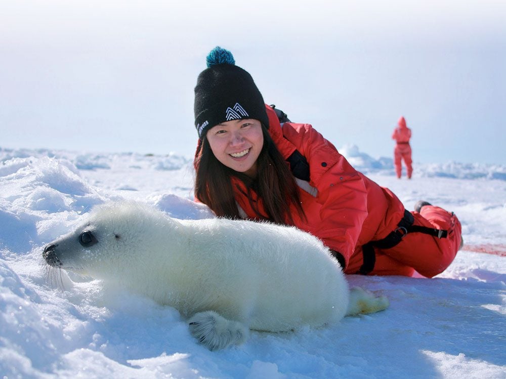 Kate with harp seal in the Magdalen Islands