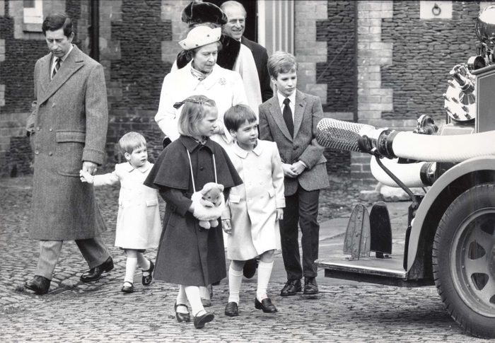 Royals At Sandringham 1988. The Queen Elizabeth Ii And Prince Philip With Their Grandchildren Prince''s Harry And William With Master Peter Phillips And Sister Zara And The Prince And Diana Princess Of Wales Looking On At A Vintage Fire Engine In The