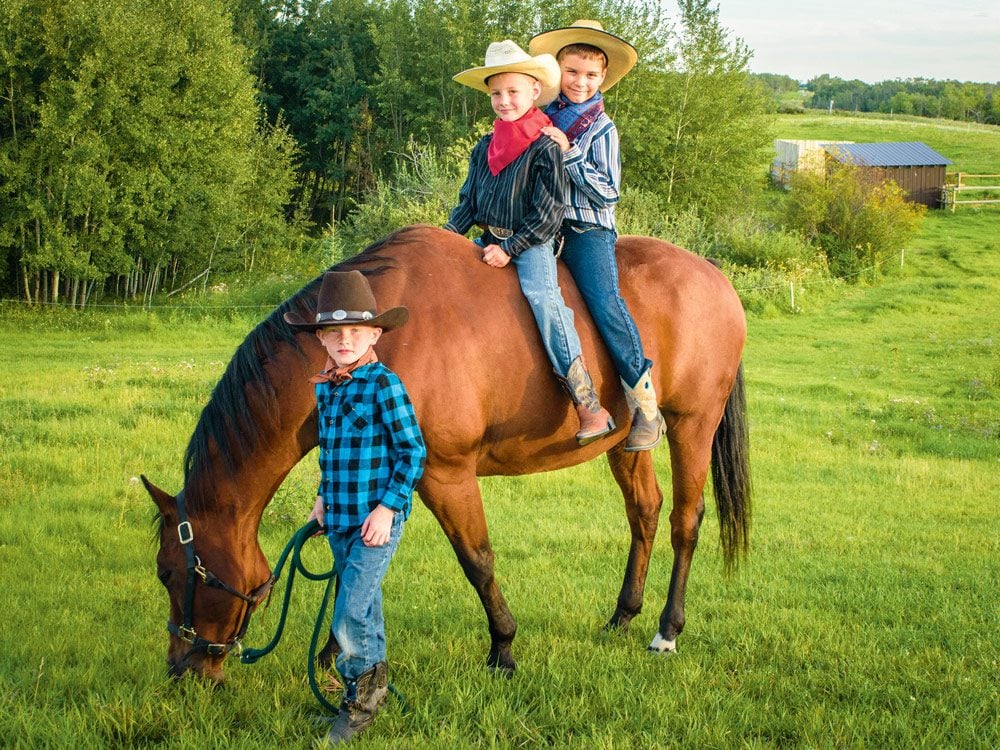 Cute kids dressed as cowboys with a horse