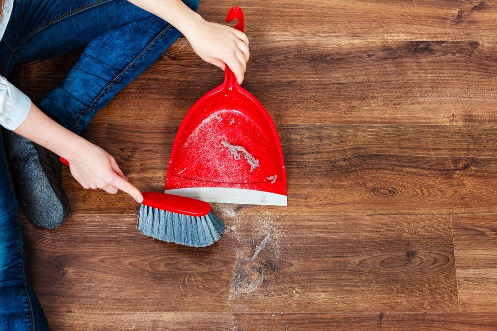 Cleanup housework concept. Closeup cleaning woman sweeping wooden floor with red small whisk broom and dustpan indoor