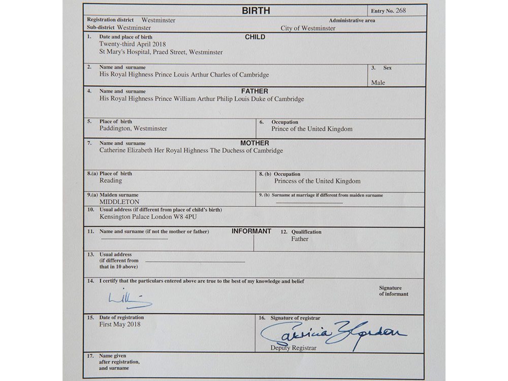 Prince Louis birth certificate
