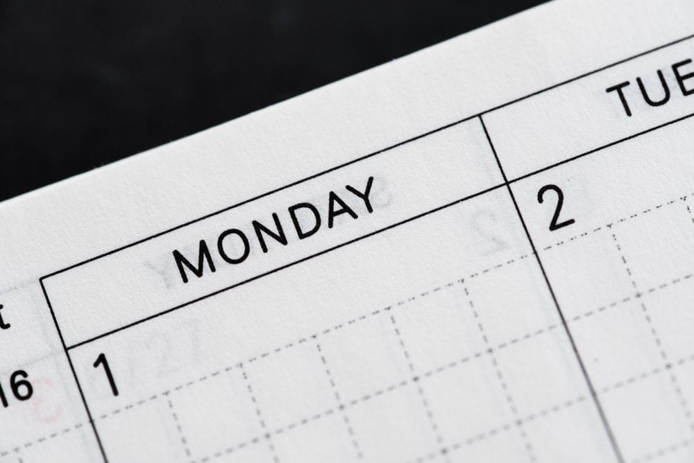 Monday, days of the week. Black and white macro shot of monthly planner - Image