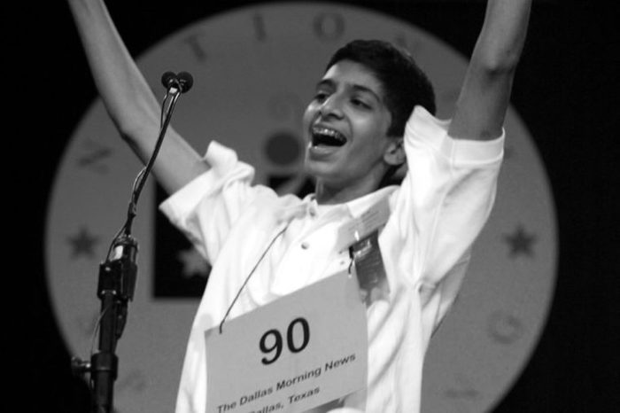 GUNTURI Sai Gunturi, 13, of Dallas, reacts agter winning the 76th annual National Spelling Bee in Washington