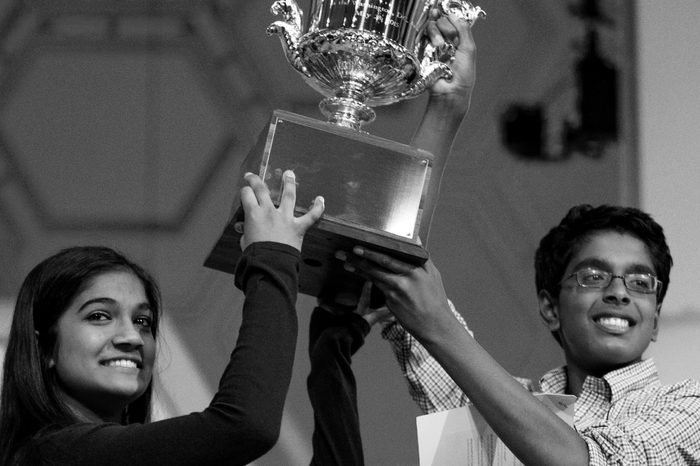 Vanya Shivashankar, Gokul Venkatachalam. Vanya Shivashankar, 13, left, of Olathe, Kan., left, and Gokul Venkatachalam, 14, of St. Louis, hold up the trophy as co-champions after winning the finals of the Scripps National Spelling Bee, in Oxon Hill, Md
