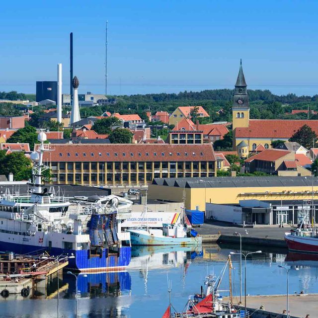 View over the town of Skagen, over the port, as seen from the cruise terminal