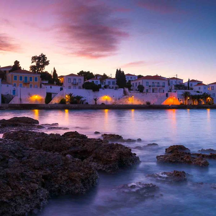 Evening view of Spetses village from the beach, Greece