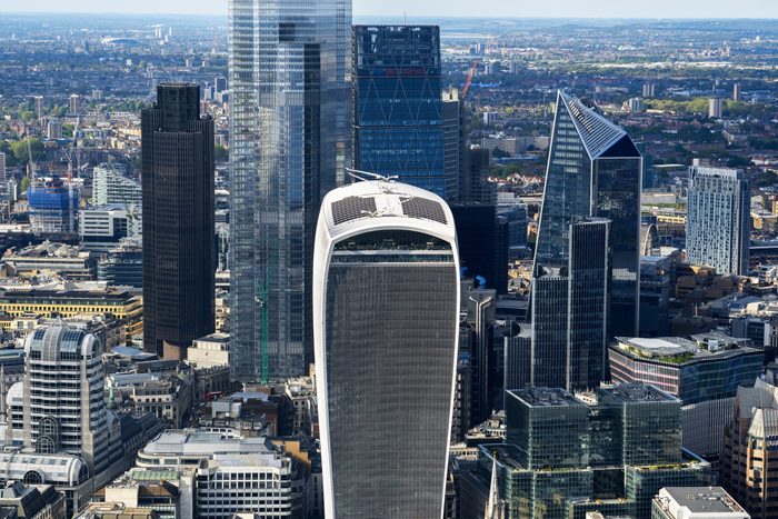 Aerial view over London financial district and city skyscrapers 
