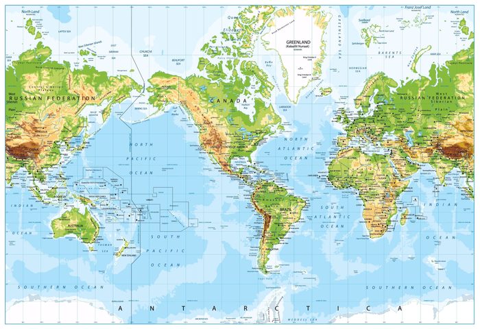 Physical World Map America Centered and Bathymetry. Highly detailed vector illustration.