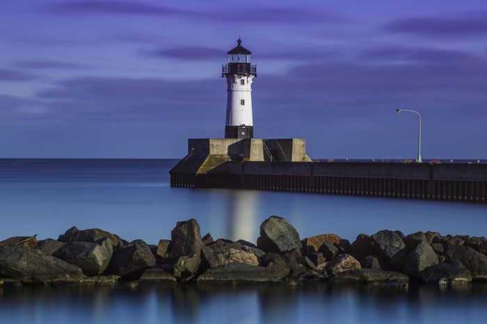 Beautiful view of the lighthouse at the harbor in Duluth's city center