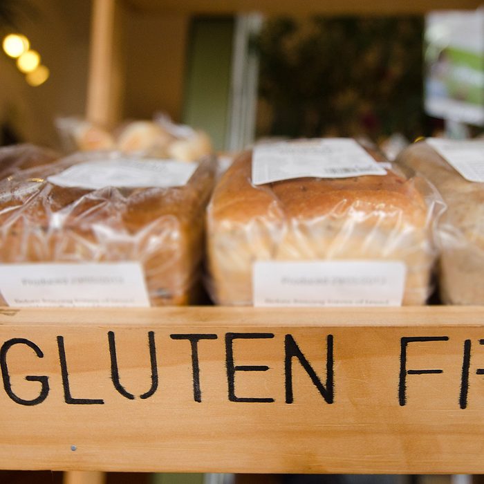 Gluten Free loaf of breads on display in a health food shop.