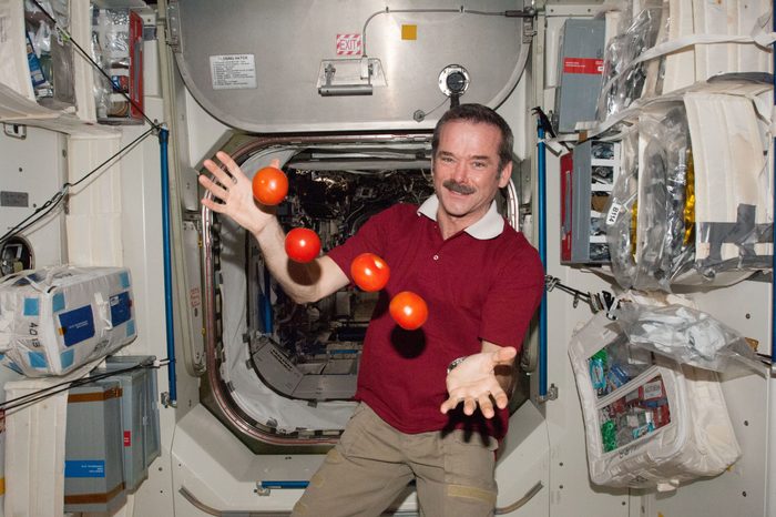 Engineer Chris Hadfield with floating tomatoes