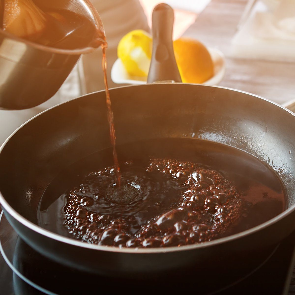 Liquid flowing onto frying pan