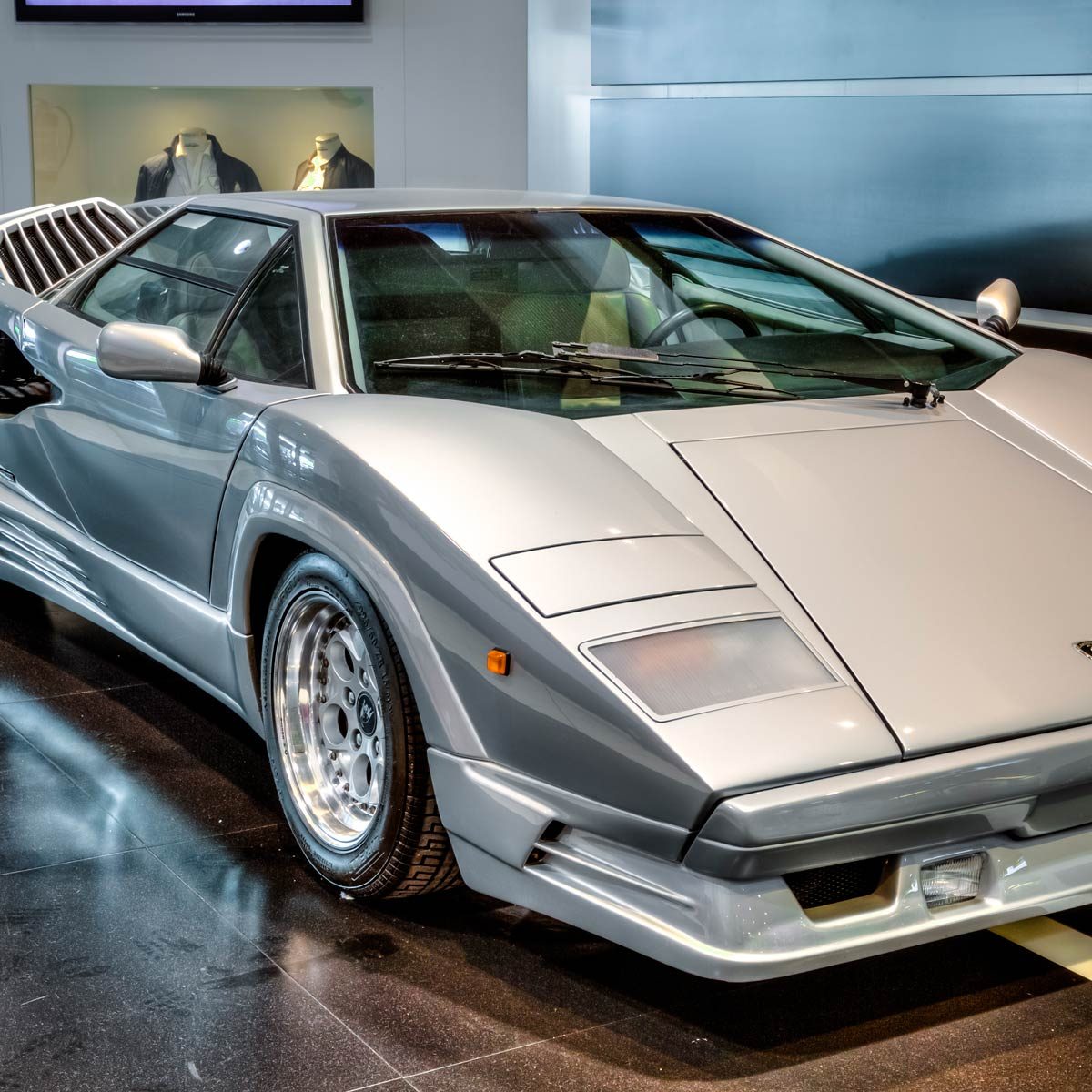 vintage luxury Lamborghini Countach produced from 1974 to 1990 on exposition at Bologna Airport for 100 years history of Lamborghini.