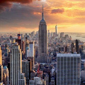 New York skyline at sunset, USA.