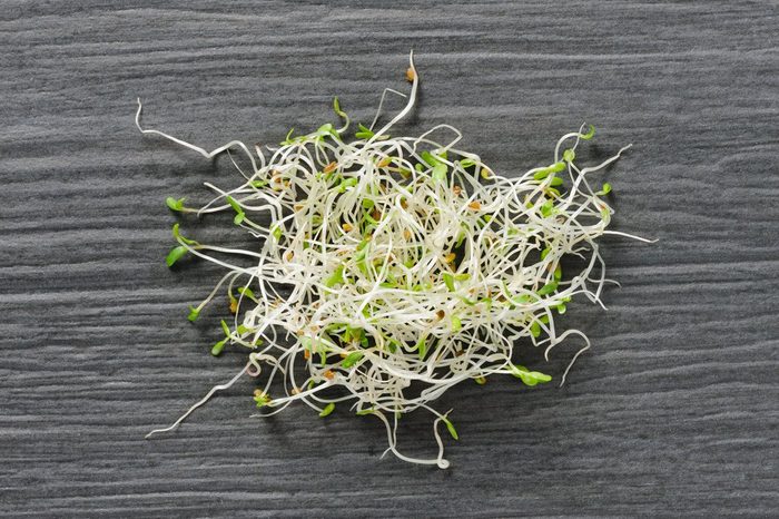 Heap of sprouted alfalfa seeds on a dsrk stone background