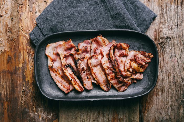 Bacon slices on a tray